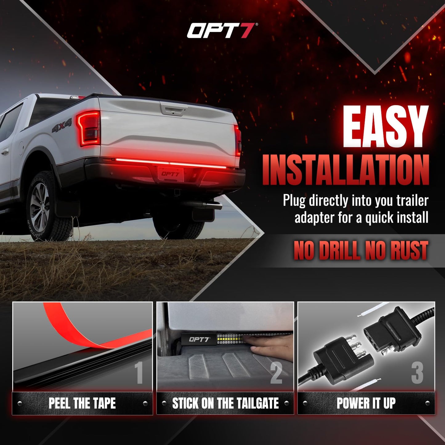 OPT7 48'' Redline Triple Row LED Tailgate Light Bar w/Sequential Red Turn Signal - Weatherproof Rigid Aluminum Frame Light Strip for Maverick Colorado - Full Function Reverse Brake Running