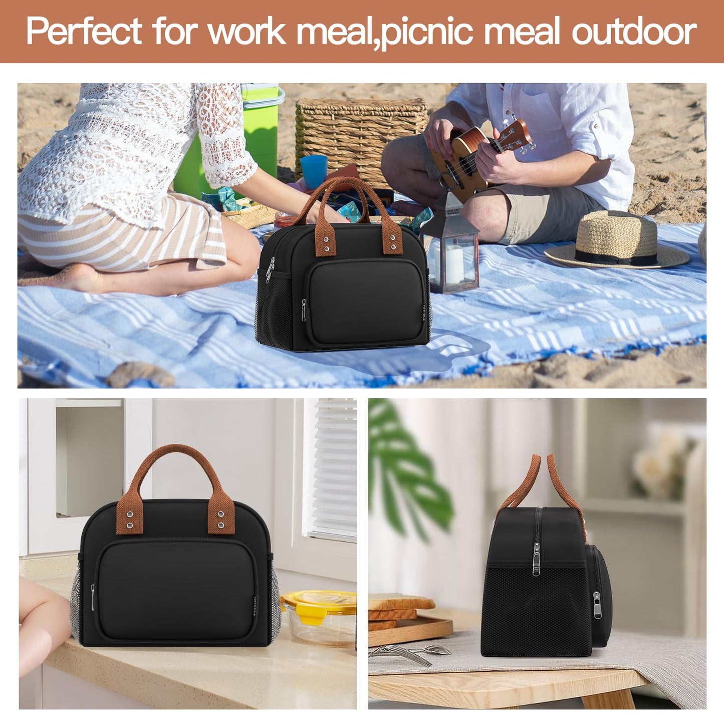 Yotrone Lunch Bag Women, Insulated Lunch Box Lunch Bag for Women Men Adult Work, Cute Lunch Tote Bag Large Capacity Reusable Cooler Containers for Travel Picnic or Office (Black)