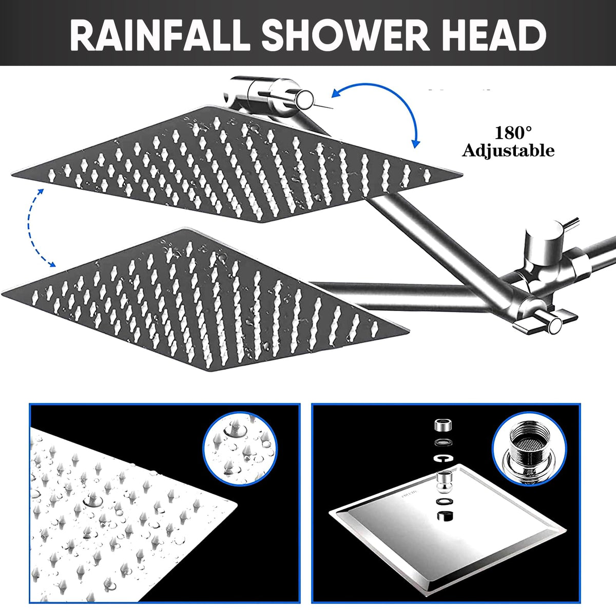 GIFTQOOL 10 Inch Chrome Dual Rain Handheld Shower Head Combo Set 5 Modes High Pressure Rainfall Shower Head with Adjustable Extension Arm, Hose