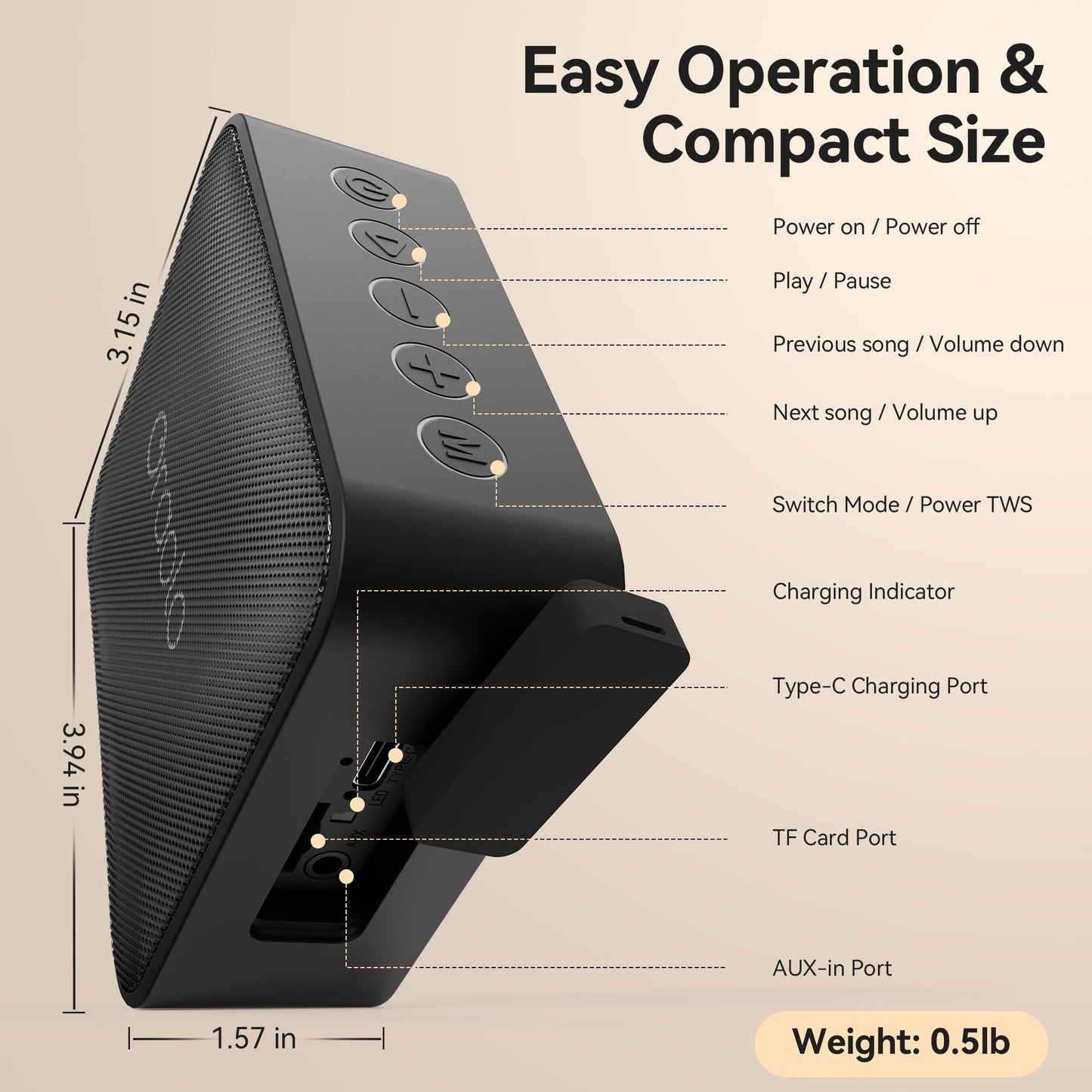 Oraolo Bluetooth Speaker, IPX7 Waterproof Portable Bluetooth Speaker with Stereo Sound, Bluetooth 5.0, TWS Pairing, Support AUX/TF Card, Small Wireless Speaker for Home, Shower, Outdoors, Travel