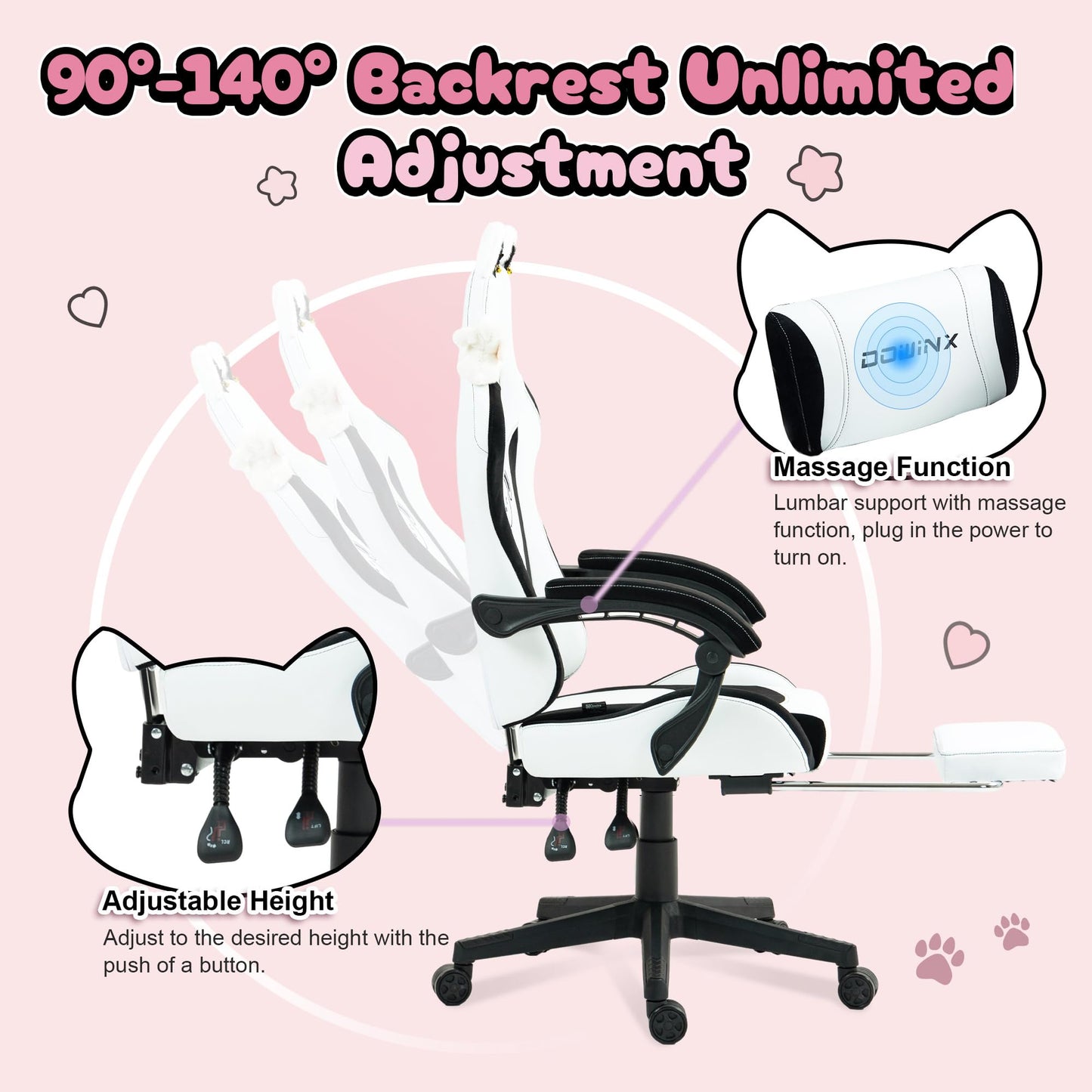 Dowinx Cat Ear Gaming Chair for Adults, Ergonomic Computer Chair with Massage Lumbar Support, Reclining Gamer Chair with Footrest and Headrest, 290 lbs