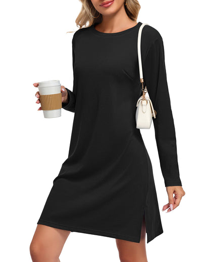 WNEEDU Dresses for Women 2026 Casual Long Sleeve Shirt Fall Outfit,Black,L