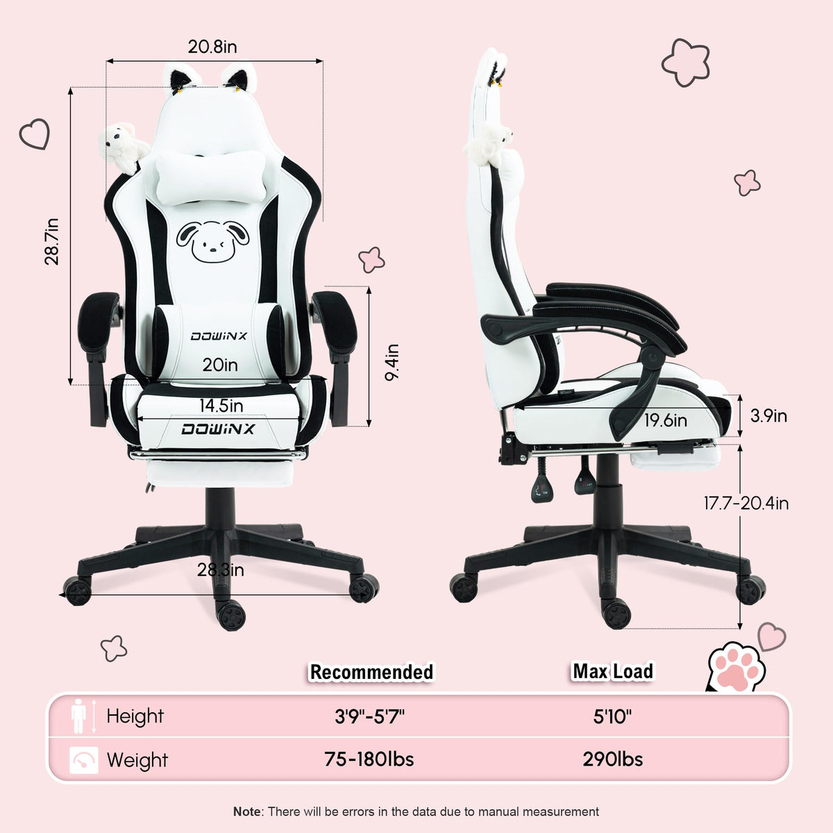 Dowinx Cat Ear Gaming Chair for Adults, Ergonomic Computer Chair with Massage Lumbar Support, Reclining Gamer Chair with Footrest and Headrest, 290 lbs