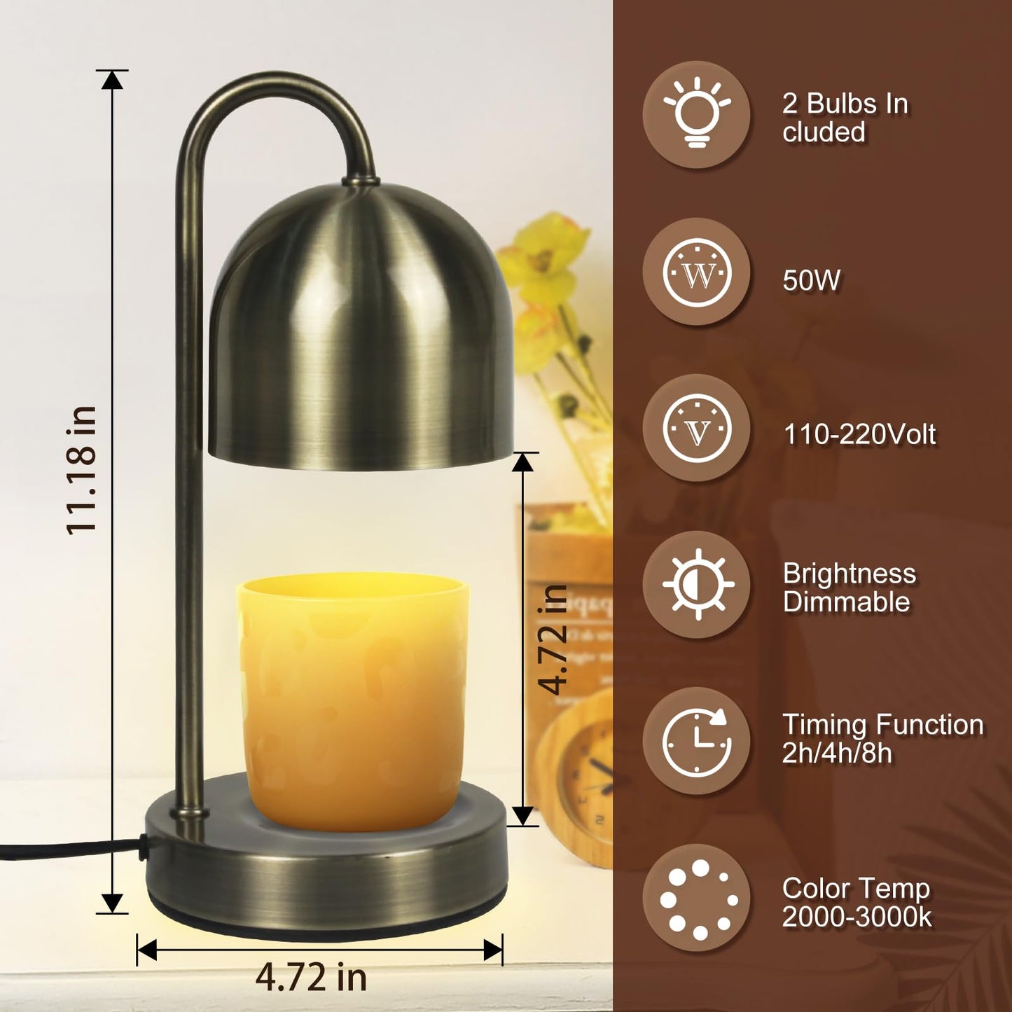 YudouTech Dimmable Candle Warmer Lamp - Copper Metal Candle Wax Warmer with 2 * 50W Bulbs, Timer & Dimmer, Perfect for Bedroom and Living Room Decor