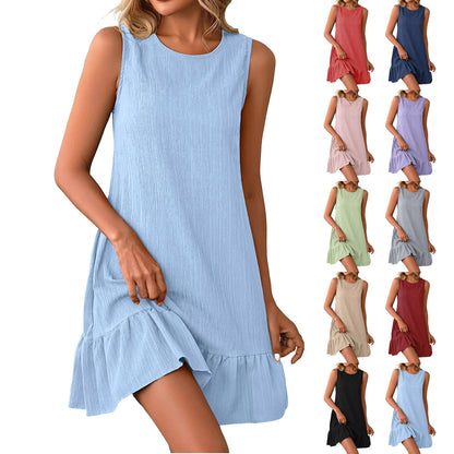 Women Summer Tank Dress Loose Fit Mini Sun Dresses Comfy Casual Shift Dress Trendy Ruffle Hem Sundress Resort Wear Light Blue