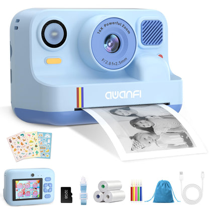 AWANFI Kids Camera Instant Print Toys, 48MP Digital Camera with 1080P Video, 32GB SD Card & 3 Rolls Printing Paper, Fun Instant Print Camera for Kids Ages 3-16, Perfect Christmas & Birthday Gift Blue