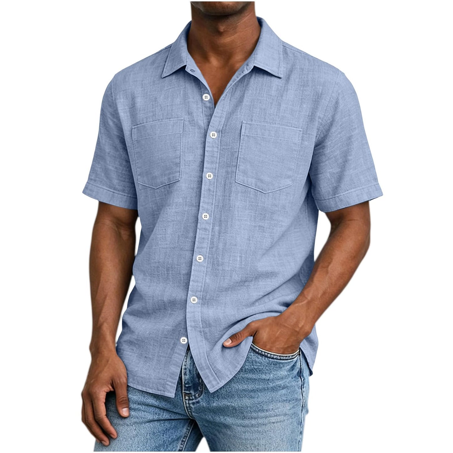 Button up Shirts Men, Mens Cotton Linen Shirts Short Sleeve Button Down Shirt Collared Dressy Casual Work Tops Beach Summer Shirts with Pockets Light Blue
