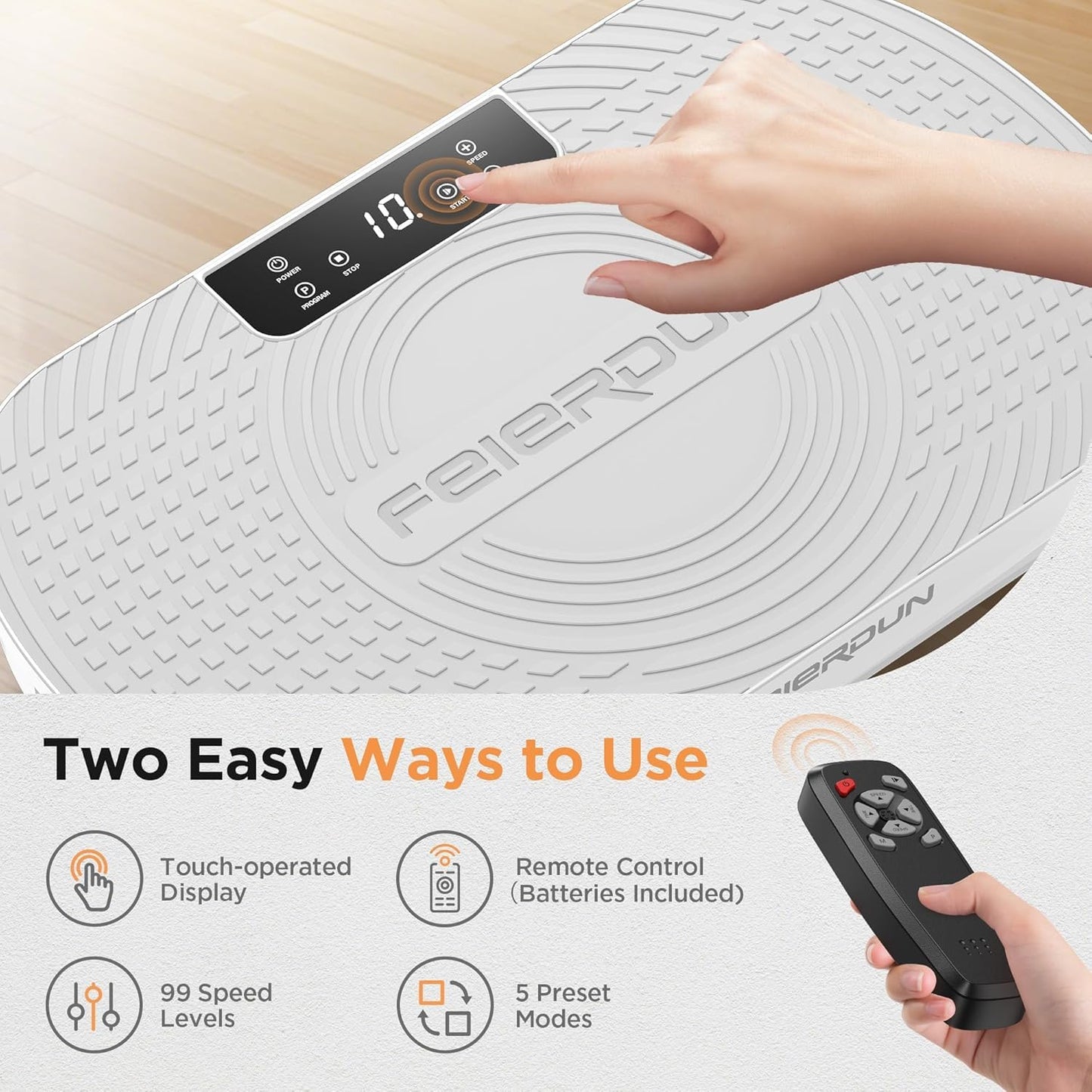 FEIERDUN Vibration Plate Exercise Machine, Full Body Vibrating Plate with Wider Platform, 150kg (330lbs) Capacity, Plaque Vibrante with LED Screen, Remote & Resistance Bands,White