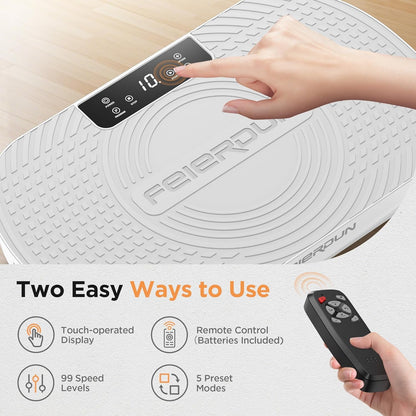 FEIERDUN Vibration Plate Exercise Machine, Full Body Vibrating Plate with Wider Platform, 150kg (330lbs) Capacity, Plaque Vibrante with LED Screen, Remote & Resistance Bands,White