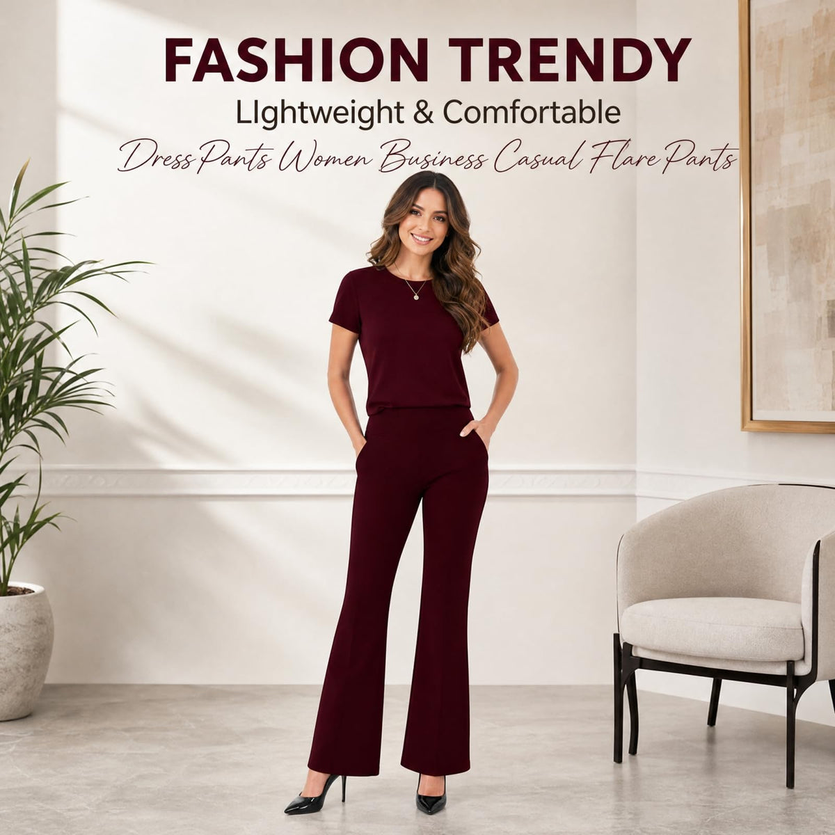 Dress Pants for Women Plus Size Business Casual Plus Size Women Dress Pants Women Business Casual Flare Pants High Waisted Work Slacks Slim Fit Stretch Trousers with Side Pockets Wine,L