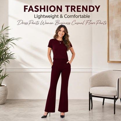 Dress Pants for Women Plus Size Business Casual Plus Size Women Dress Pants Women Business Casual Flare Pants High Waisted Work Slacks Slim Fit Stretch Trousers with Side Pockets Wine,L