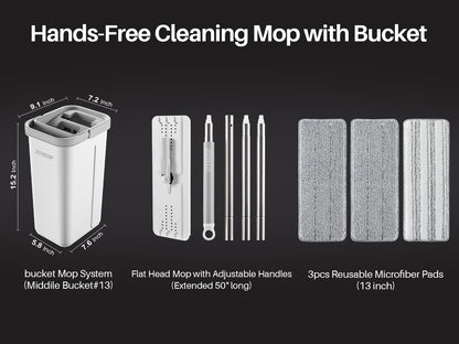 JOYMOOP Hands Free Flat Floor Mop and Bucket with Wringer Set, 3 Washable Microfiber Mops, Wet and Dry Use, Floor Cleaning System
