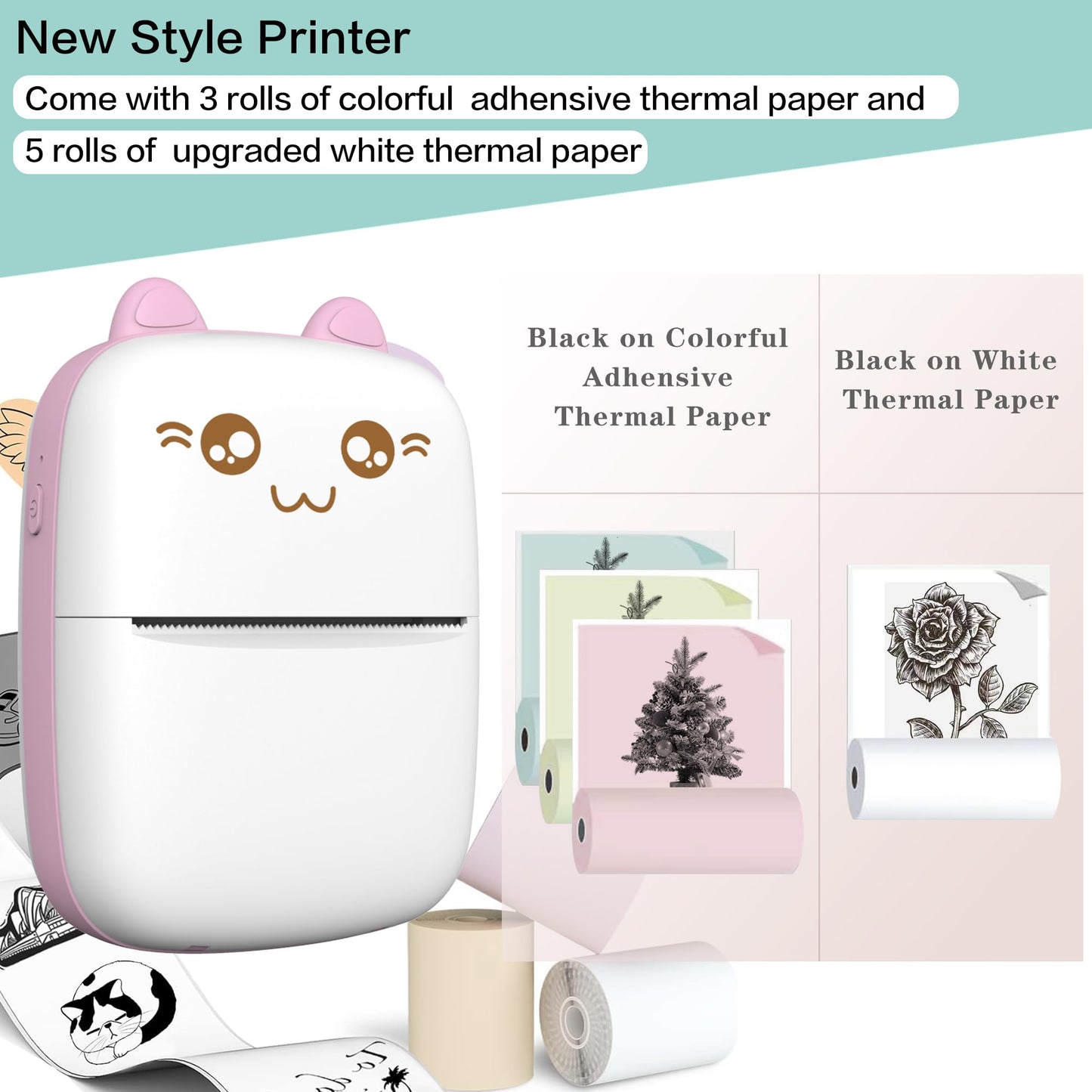 Mini Printer Portable, Inkless Sticker printer with 8 Rolls Paper, Bluetooth Wireless mini thermal printer Compatible with iOS + Android for Journal, Memo, Photo, Print Pod Gifts for Girls Kids (Pink)