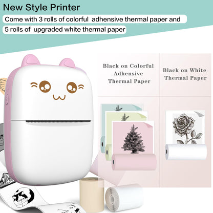 Mini Printer Portable, Inkless Sticker printer with 8 Rolls Paper, Bluetooth Wireless mini thermal printer Compatible with iOS + Android for Journal, Memo, Photo, Print Pod Gifts for Girls Kids (Pink)