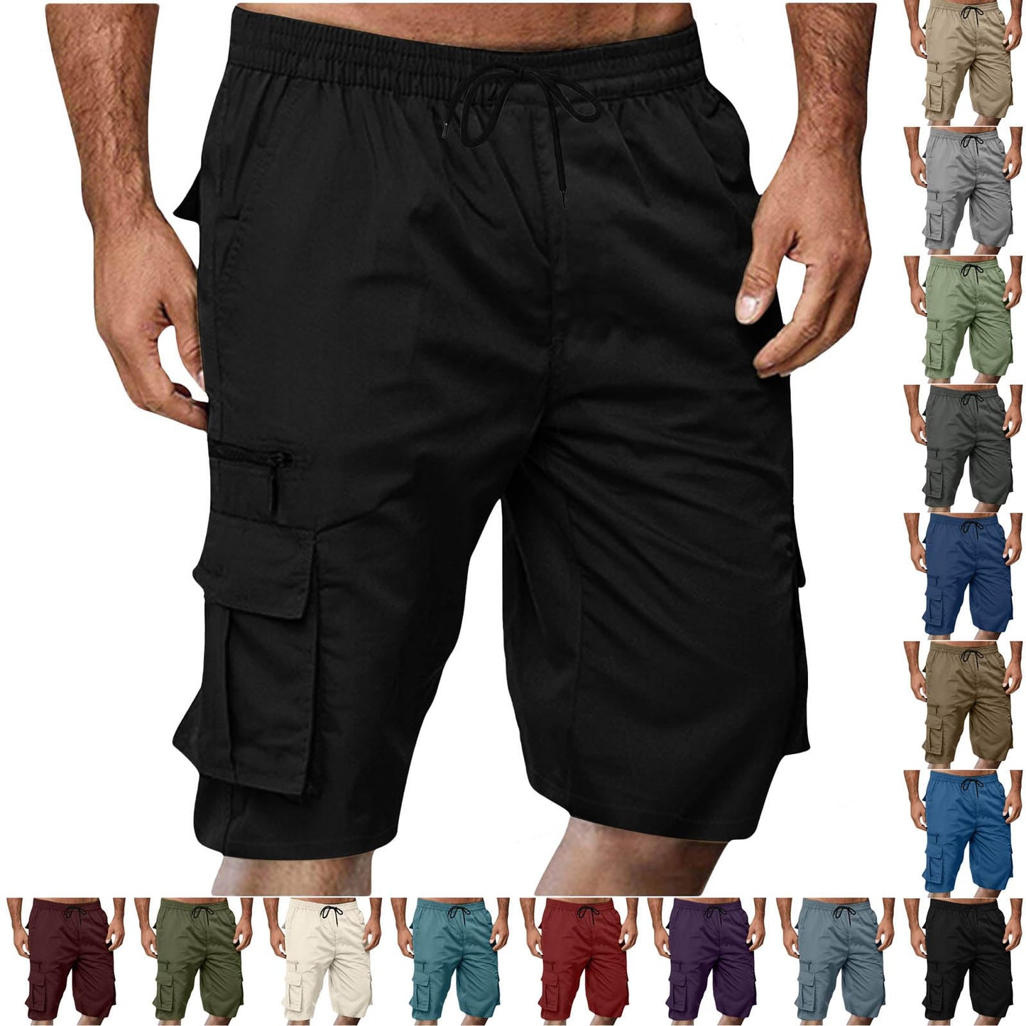 Men's Travel Lightweight Cargo Shorts Casual Quick Dry Comfort Hiking Shorts Elastic Waist Short Pants with Pocket Black,Small