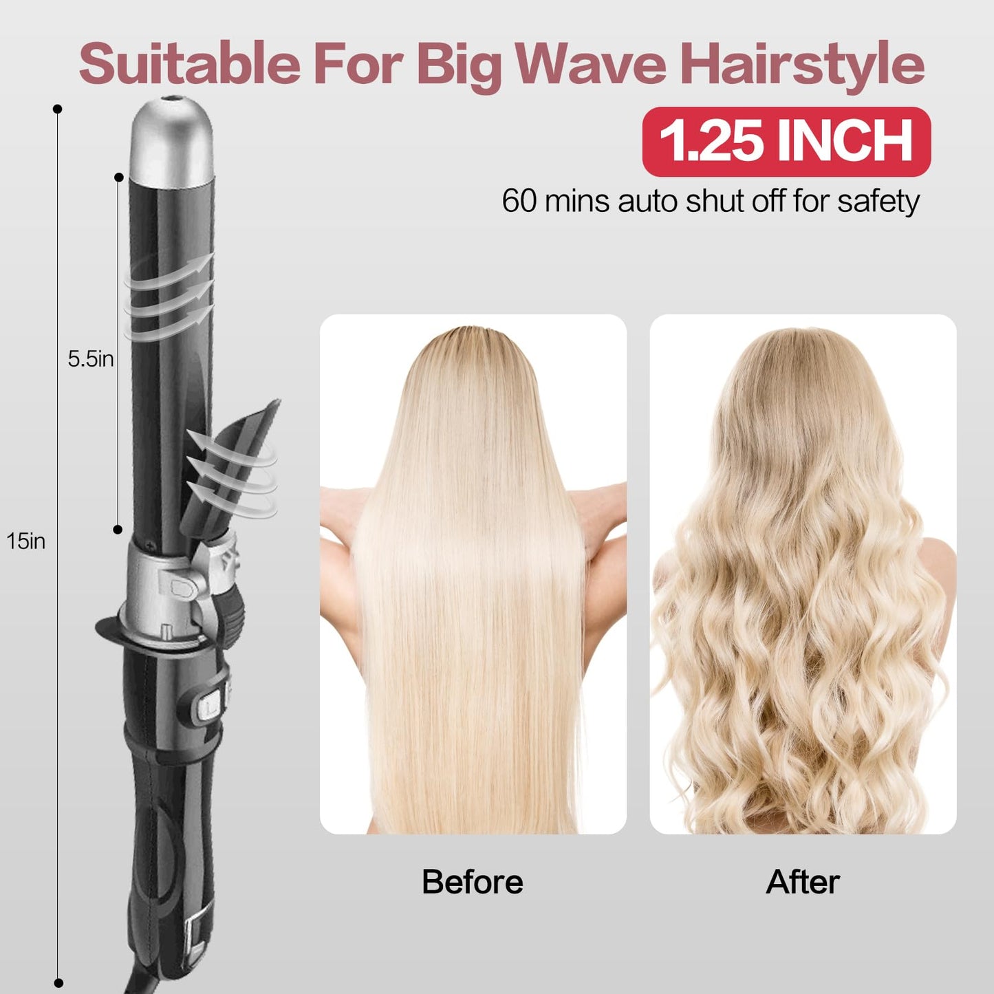 TANSHINE Automatic Rotating Curling Iron,Auto Hair Curling Wand Spining Hair Curler,Hair Styling Self Hair Waver with Adjustable Heat Setting,60 Mins Auto Off,32mm Barrel,1.25 Inch,Black