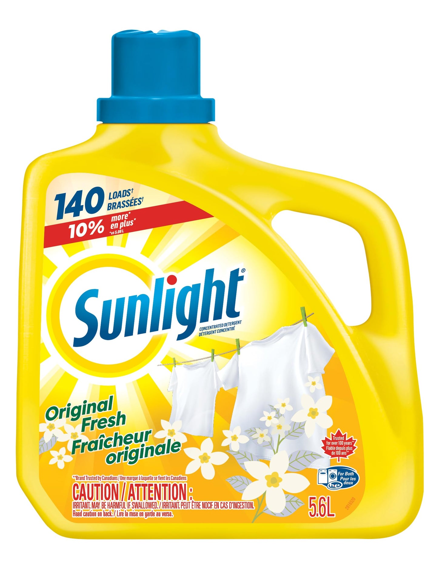 Sunlight Original Fresh Concentrated Liquid Laundry Detergent, Brightens and Whitens Clothes, 5.6L, 140 Wash Loads, HE Compatible