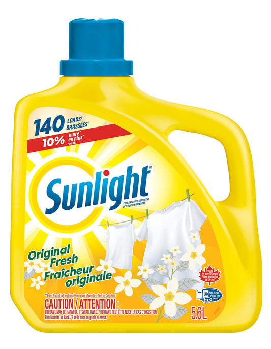 Sunlight Original Fresh Concentrated Liquid Laundry Detergent, Brightens and Whitens Clothes, 5.6L, 140 Wash Loads, HE Compatible
