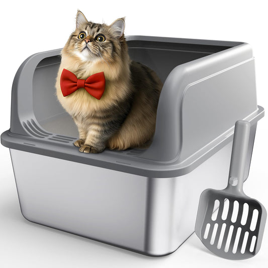 Powools Stainless Steel Cat Litter Box for Kittens, Metal Kitty Litter Box with Scoop, Anti-Leakage Top Entry, Non-Sticky, Easy to Clean, Grey, M (1 Pack)