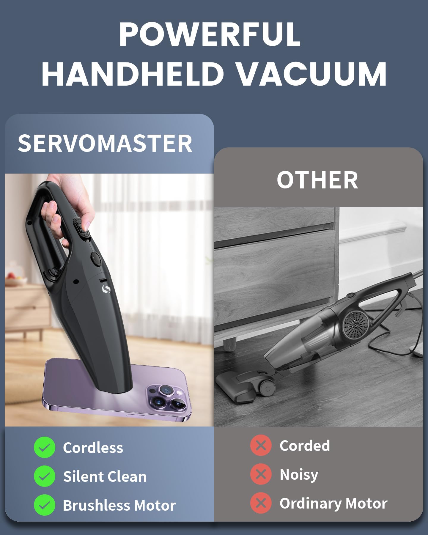 SERVOMASTER Handheld Vacuum Cordless Car Vacuum Cleaner Portable Mini Rechargeable with Powerful Suction and Lightweight Design for Quick Cleaning in Home Car Office and Pet Hair