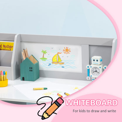 Qaba Kids Desk and Chair Set with Whiteboard, 2 Pieces Kids Study Table and Chair Set, Multi-Usage School Desk Furniture with Storage and Shelves, Computer Homework Art, Grey