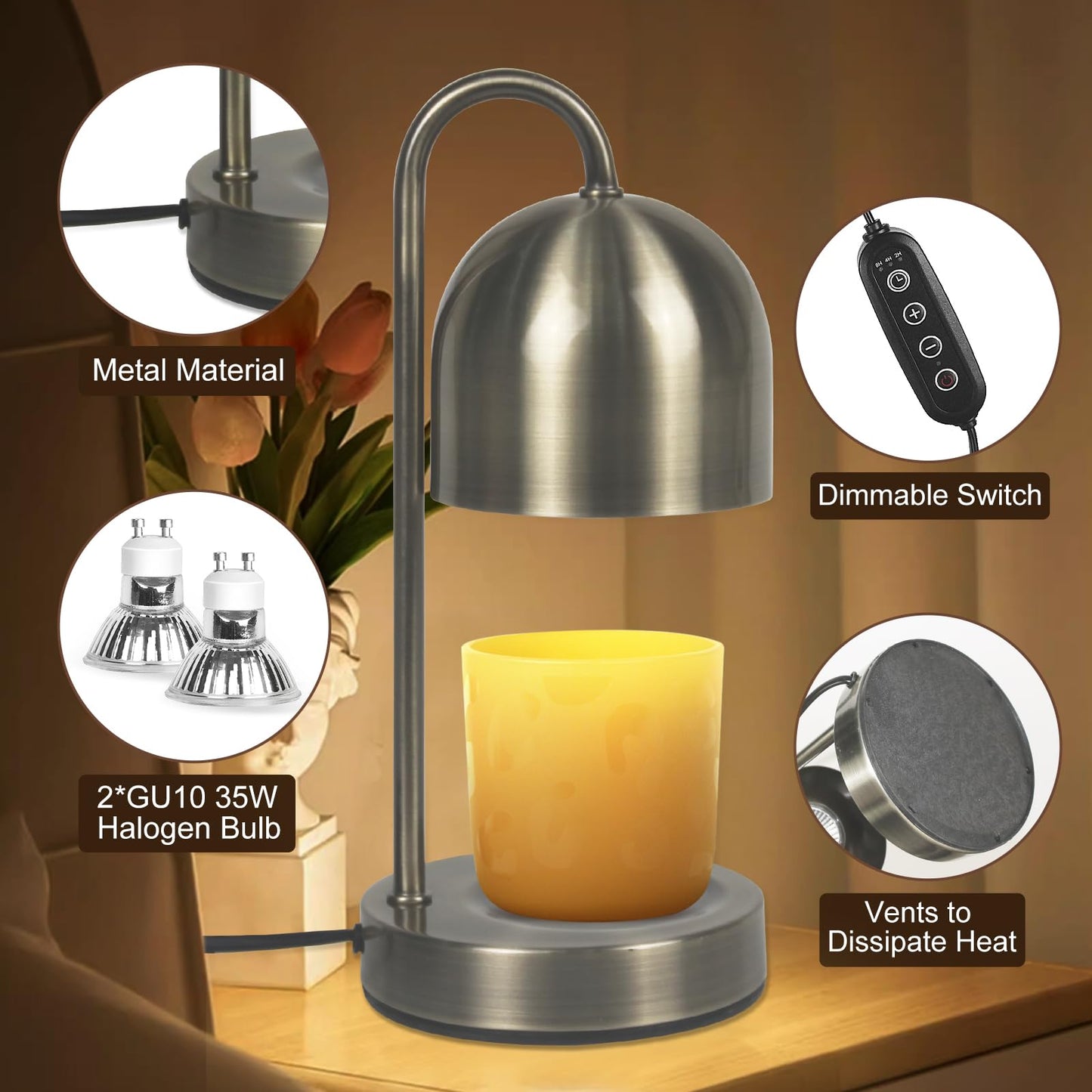 YudouTech Dimmable Candle Warmer Lamp - Copper Metal Candle Wax Warmer with 2 * 50W Bulbs, Timer & Dimmer, Perfect for Bedroom and Living Room Decor