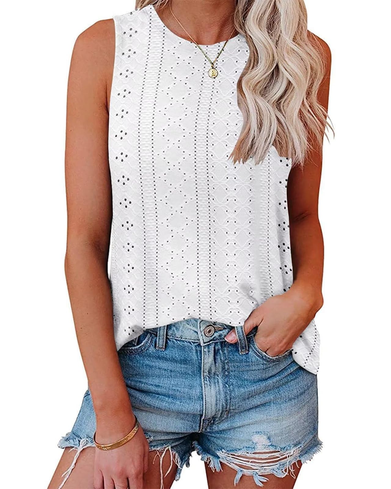 RIROW White Women Tank Tops Summer Sleeveless Eyelet Embroidery Tunic Tops Crewneck Casual Basic Loose Fit Shirts 2025 S