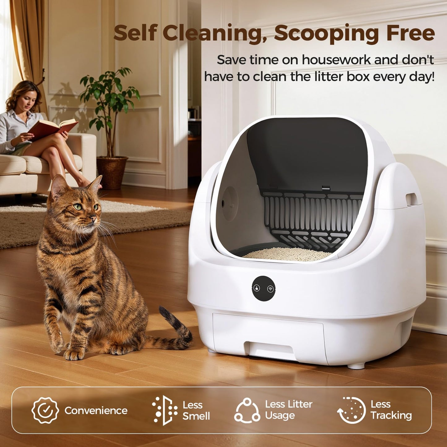 Automatic Cat Litter Box Self-Cleaning Open Top, Ellenpent [Odor-Free] Litiere Pour Chat Autonettoyant, Electric Cat Litter Box with APP Control, for Single and Multi-Cat Households