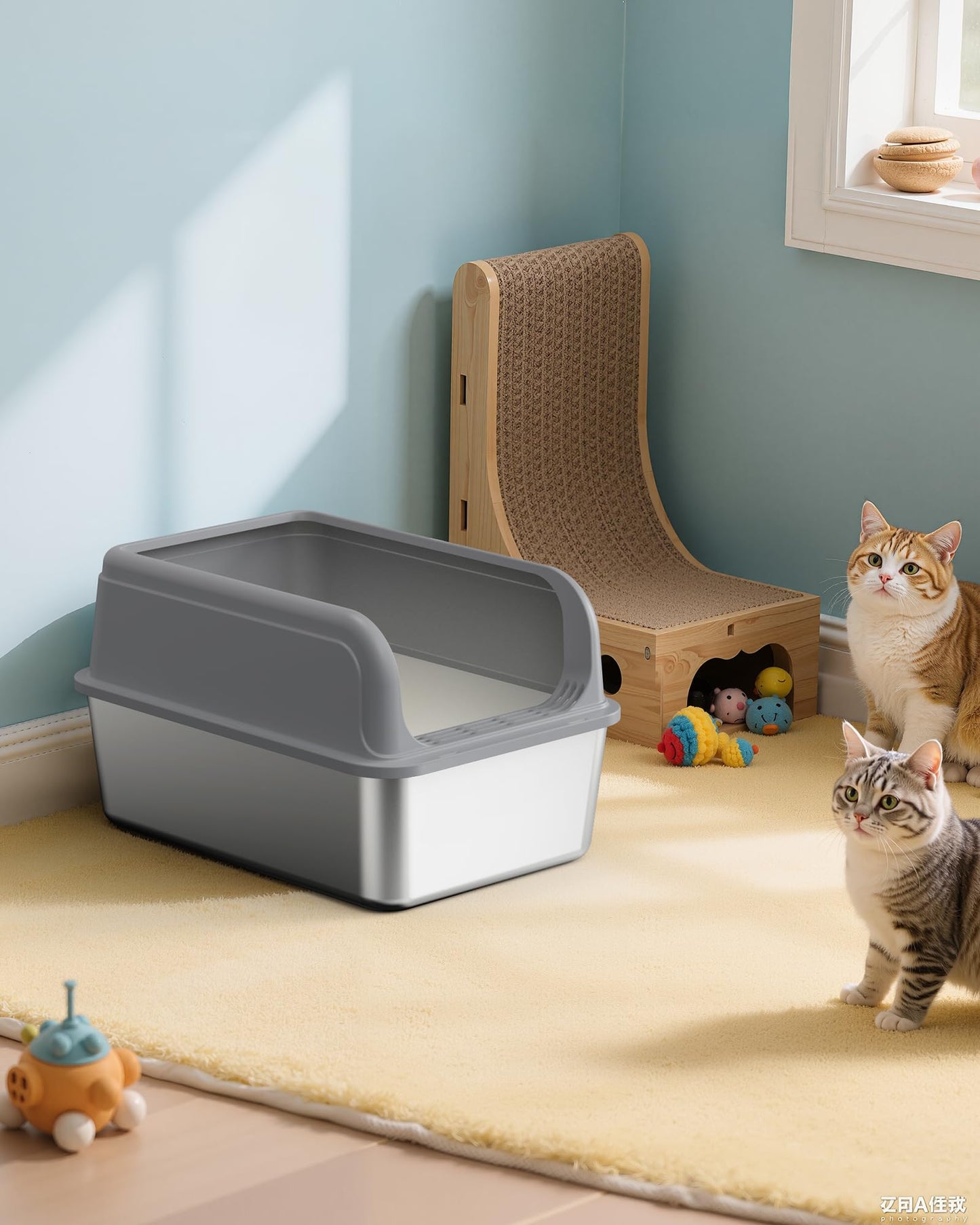 Powools Stainless Steel Cat Litter Box for Kittens, Metal Kitty Litter Box with Scoop, Anti-Leakage Top Entry, Non-Sticky, Easy to Clean, Grey, M (1 Pack)