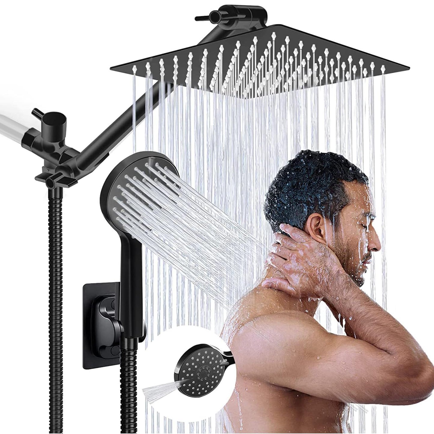 10 Inch GIFTQOOL Matte Black Rainfall Handheld Shower Head Combo Set High Pressure Dual 5 Modes Shower Head with Adjustable Rain Extension Arm, Hose, Holder Pomme De Douche