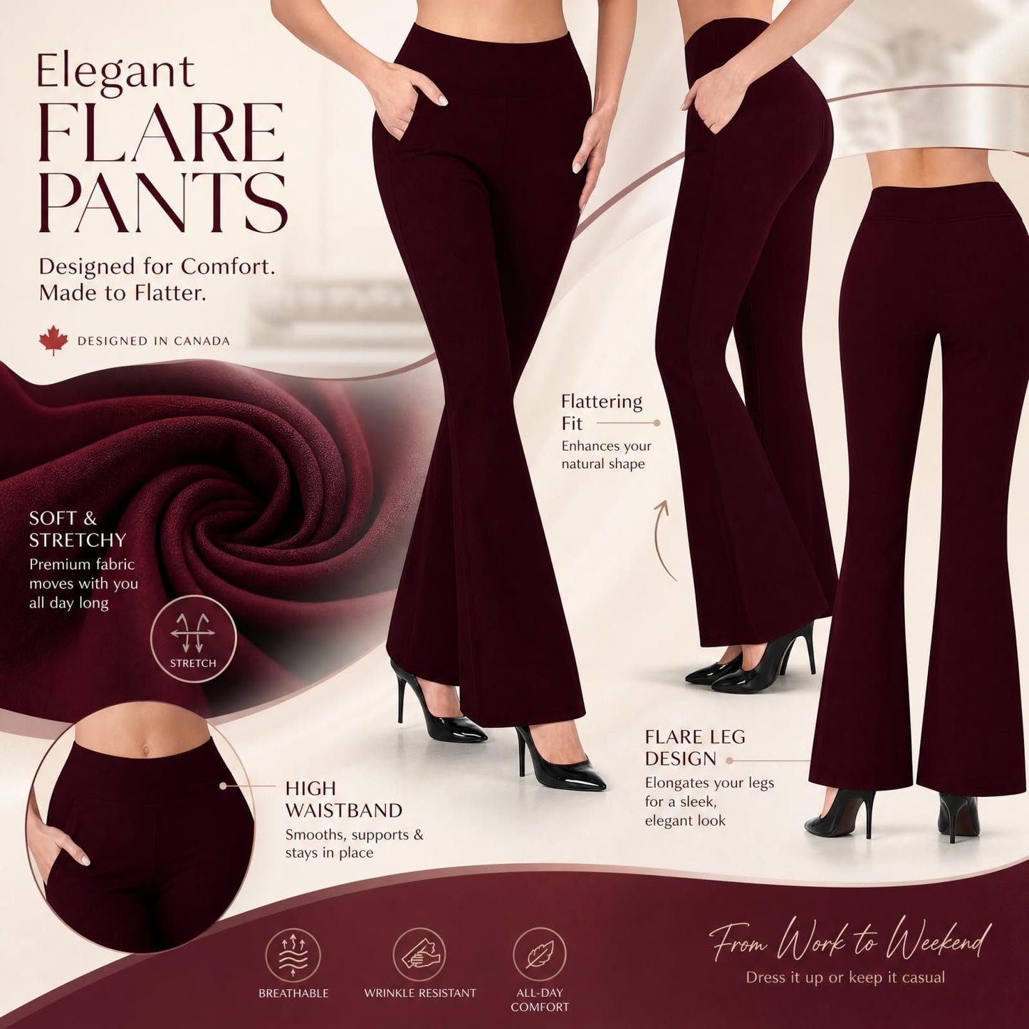 Dress Pants for Women Plus Size Business Casual Plus Size Women Dress Pants Women Business Casual Flare Pants High Waisted Work Slacks Slim Fit Stretch Trousers with Side Pockets Wine,L