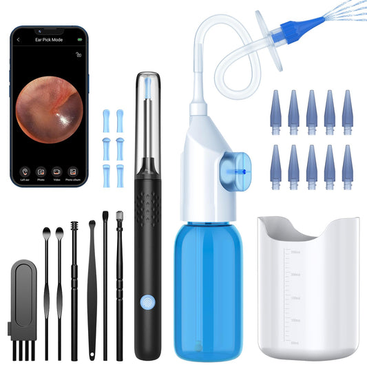 AZHE Ear Wax Romaval Kit, Ear Irrigation Flushing Cleanr with 10 Replaceable Tips, 1920P Ear cleaner with Camera with USB Charging, Manual Ear Cleaner for Home Use