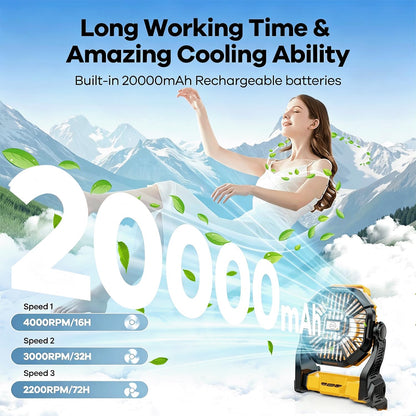 20000mAh Solar Powered Fan, 7W Solar Panel Portable Solar Fan with LED Lantern, Rechargeable Battery Powered Camping Fan for Picnic, Barbecue, Fishing, Travel (Yellow, Milliamp Hours, 20000)