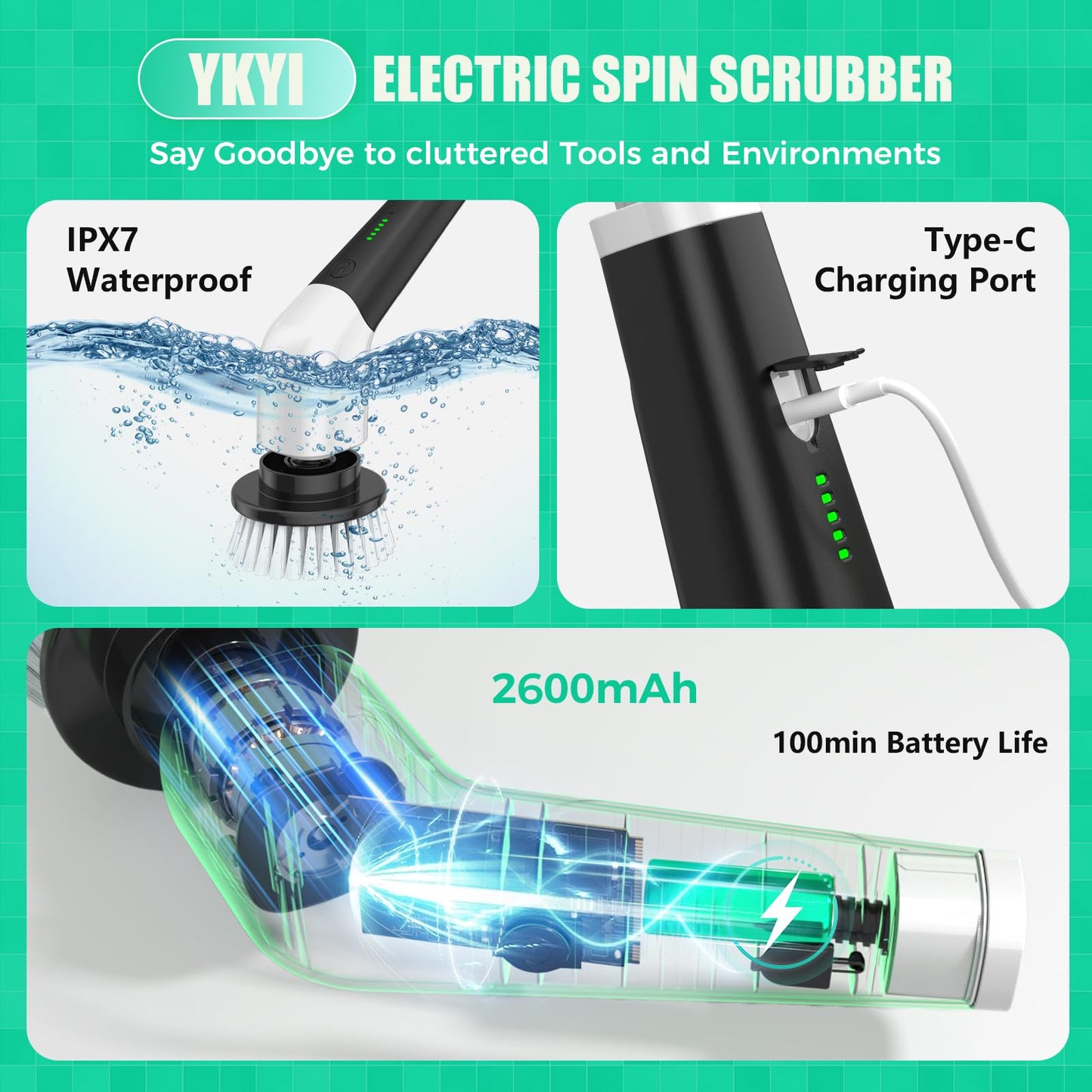 YKYI Electric Spin Scrubber, Cordless Cleaning Brush with 8 Replaceable Brush Heads, Power Scrubber with Adjustable Extension Handle for Bathroom, Tub, Tile, Floor and Kitchen Cleaning (White)