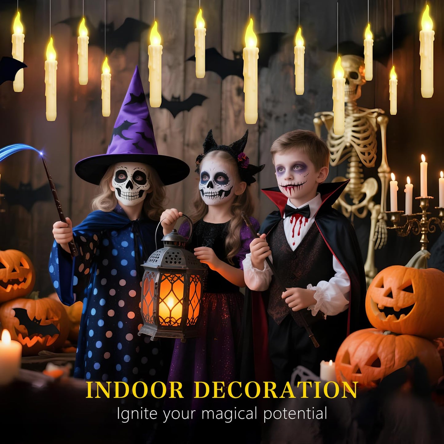 Halloween Decorations, 12PCS Floating Candles with Magic Wand Remote, Battery Operated Flameless LED Candles Halloween Decor for Halloween Spooky Theme Indoor Outdoor Décoration, Warm Light