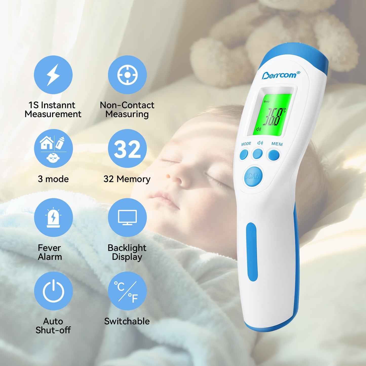 Berrcom Non-Contact Infrared Forehead Thermometer for Adults, Kids & Babies, Digital Thermometer with Fever Alarm & LCD Display, Ideal for Family Use