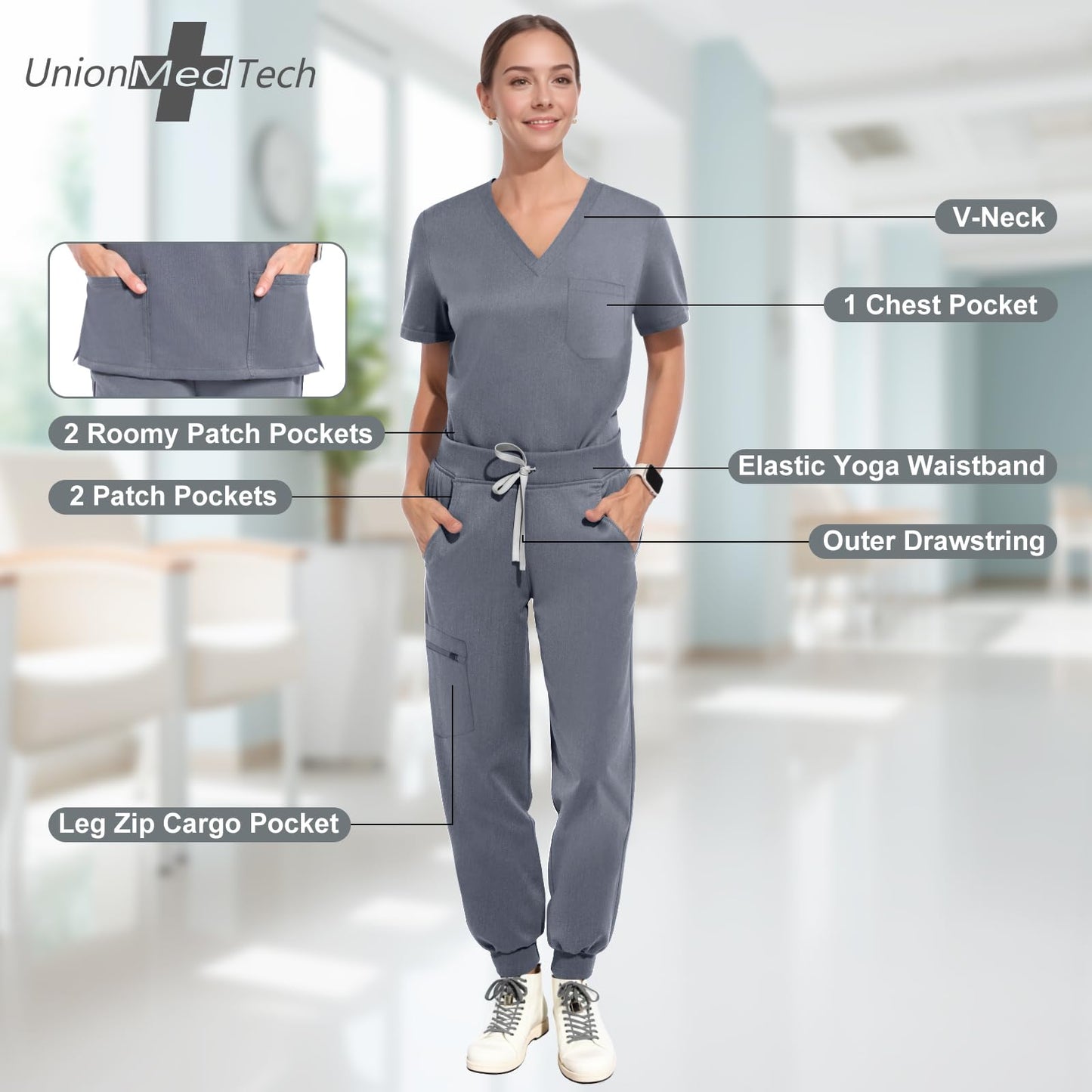 UnionMed Tech Scrubs for Women Set, Stretchy Slim Fit V-Neck Top & Jogger Scrub Pants with Multi Pocket Yoga Waistband