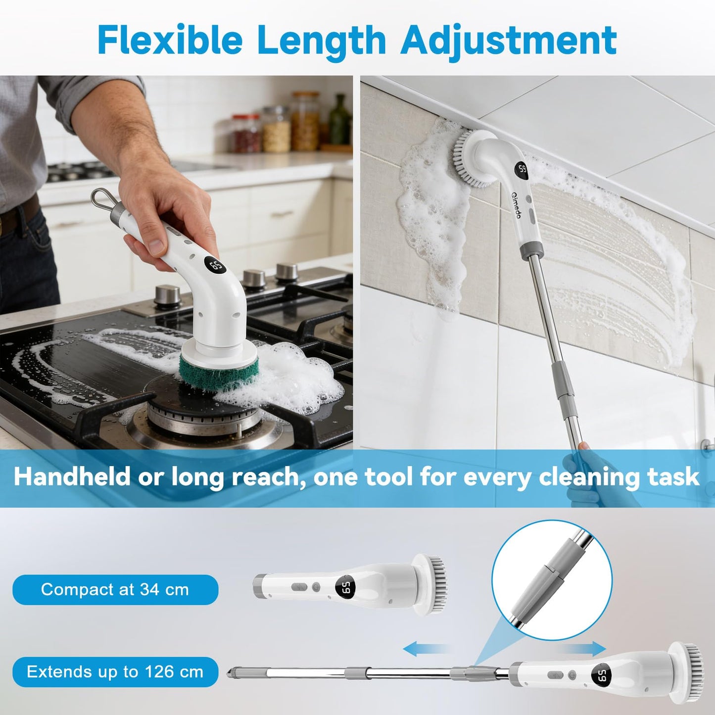 Electric Spin Scrubber for Cleaning, 400 RPM Cordless Cleaning Brush with 7 Replacement Brush Heads, Rechargeable Scrubber with Extendable Long Handle for Shower, Bathroom, Floor, Kitchen