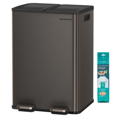 SONGMICS Trash Can, 2 x 8 Gallon (2 x 30 L) Dual-Compartment Garbage Can with Soft-Close Lid, Pedal and Inner Buckets, Stainless Steel, Includes 15 Liner Bags, Slate Gray ULTB741G01