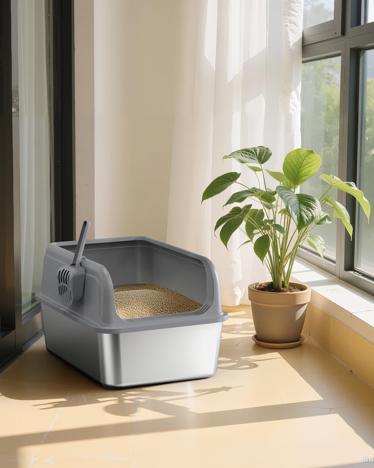 Powools Stainless Steel Cat Litter Box for Kittens, Metal Kitty Litter Box with Scoop, Anti-Leakage Top Entry, Non-Sticky, Easy to Clean, Grey, M (1 Pack)