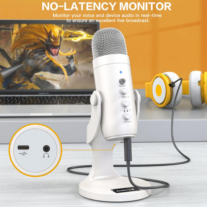 ZealSound Podcast Microphone, Noise Cancellation Mic with Gain, Volume Adjustment & Mute Button, Monitor & Echo, for ASMR, Vocal Recording, YouTube, TikTok, PC, iPhone, iPad, Android, Mac, K66, White