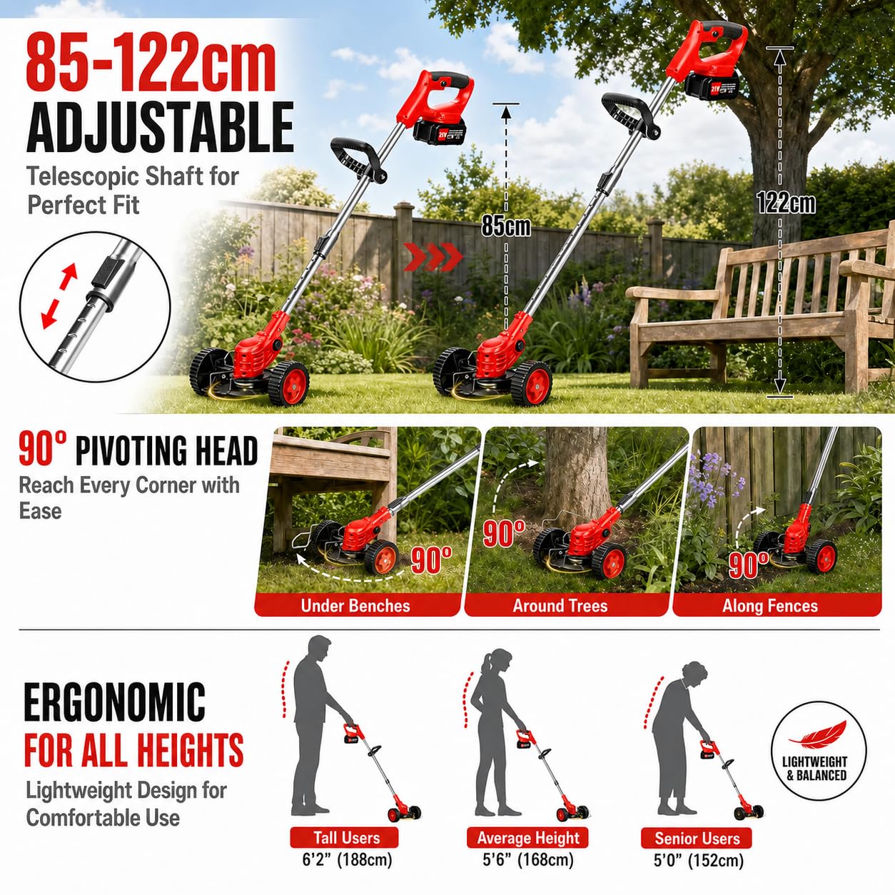 21V Cordless Weed Wacker for Women Seniors Lightweight Grass Trimmer – Includes 2 Batteries and Wheels 3-in-1 Weed Trimmer Edger Brush Cutter for Thick Grass, Small Yards, Gardens, and Fences