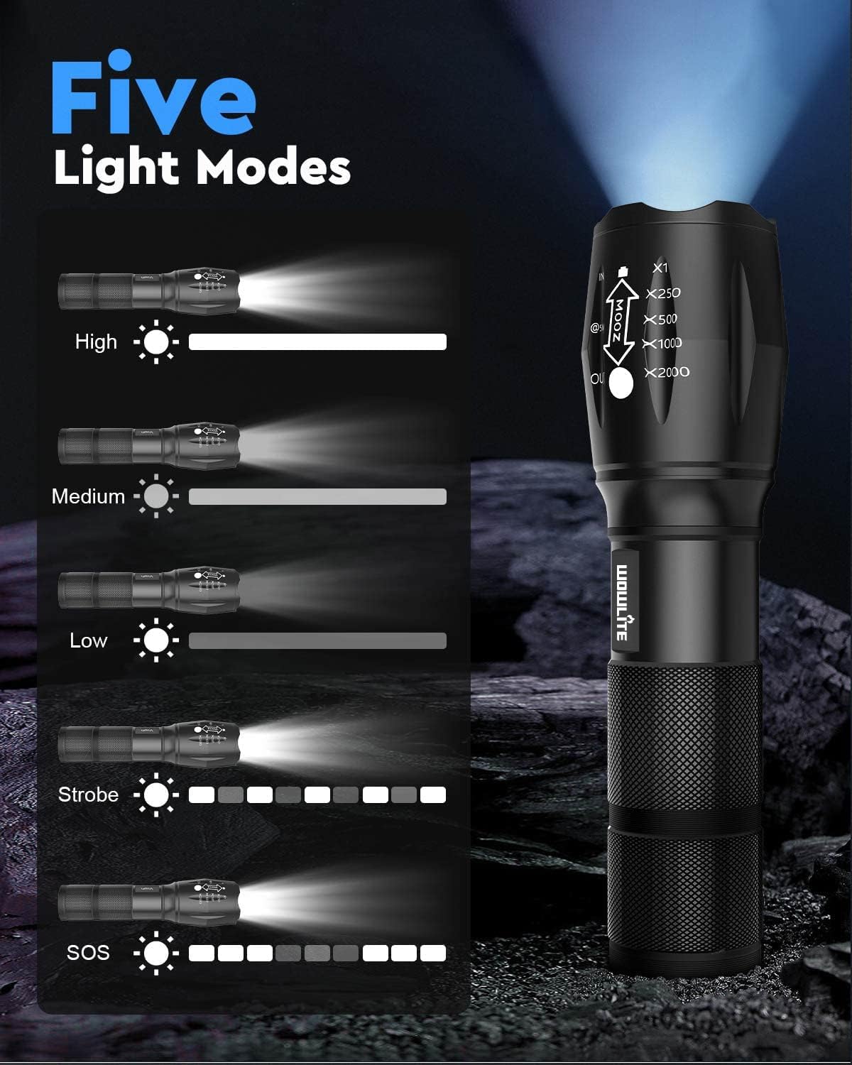 wowlite Tactical Flashlight, Wowlite Ultra Bright XML T6 LED Torch with 5 Light Modes & Adjustable Focus for Emergency Camping Hiking (2 Pack)