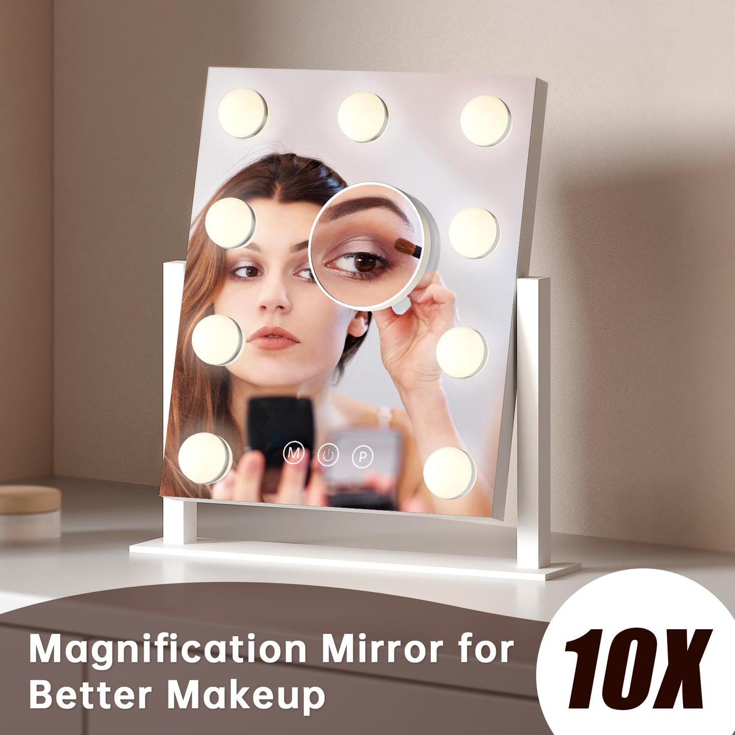 PUKANIUM Vanity Mirror with Light, Hollywood Mirror with Light, Makeup Mirror, 9 Dimmable LED Bulbs, 3 Colors Modes,Smart Touch Control, White