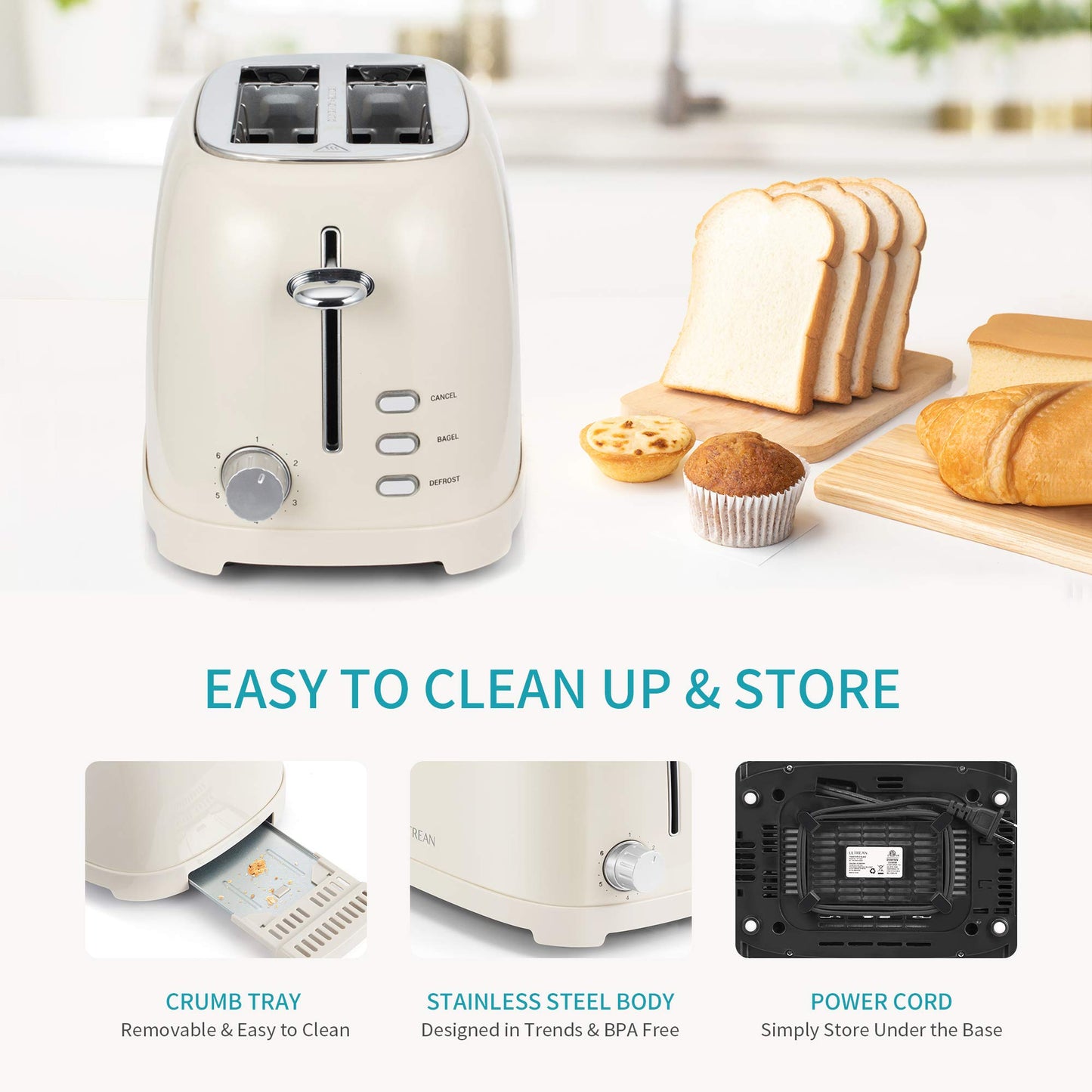 Ultrean Toaster 2 Slice with Extra-Wide Slot, Stainless Steel Toaster with Removable Crumb Tray, Small Toaster with 6 Browning Settings, Cancel, Bagel, Deforest Functions, 825 W (Cream)