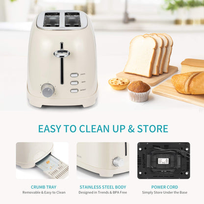 Ultrean Toaster 2 Slice with Extra-Wide Slot, Stainless Steel Toaster with Removable Crumb Tray, Small Toaster with 6 Browning Settings, Cancel, Bagel, Deforest Functions, 825 W (Cream)