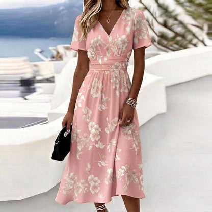 Women's V Neck Wrap Midi Dress Floral Print Solid Ombre Short Sleeve Flowy A-Line Summer Vacation Sundress for Women