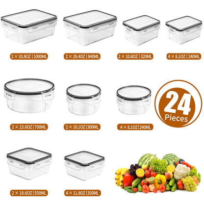 48 Pack Food Storage Containers with Airtight Lids (24 Containers & 24 Lids), PRAKI Kitchen storage containers for Pantry Organizers and Storage, Meal Prep Container with Labels & Marker