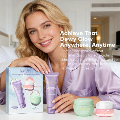 bayfree Favorites Travel Dewy Skin & Lips Plump Set, Hydrating Korean Skin Care Set with Rice-Essence Wash, Water Cream & Lip Mask, Gentle Skincare Gift Set for Girls Women, for Soft, Glowing Skin
