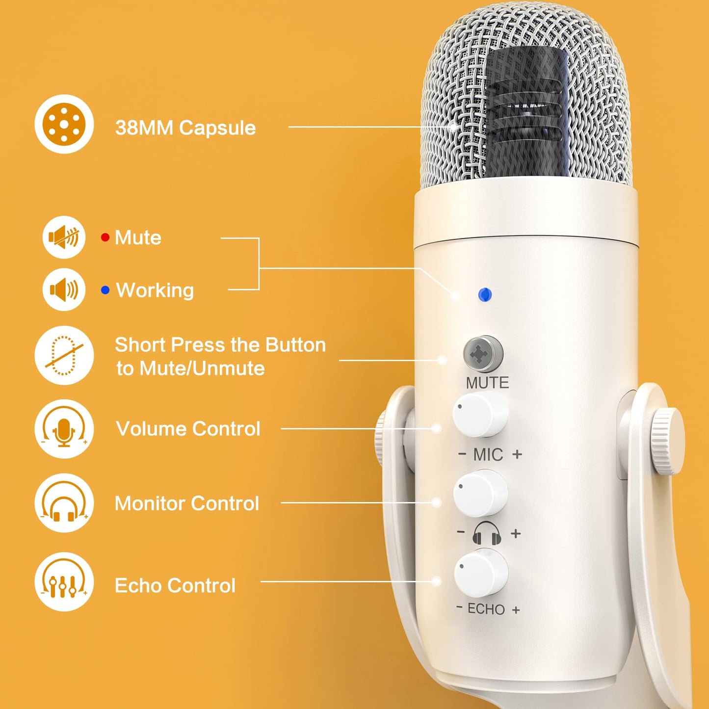ZealSound Podcast Microphone, Noise Cancellation Mic with Gain, Volume Adjustment & Mute Button, Monitor & Echo, for ASMR, Vocal Recording, YouTube, TikTok, PC, iPhone, iPad, Android, Mac, K66, White